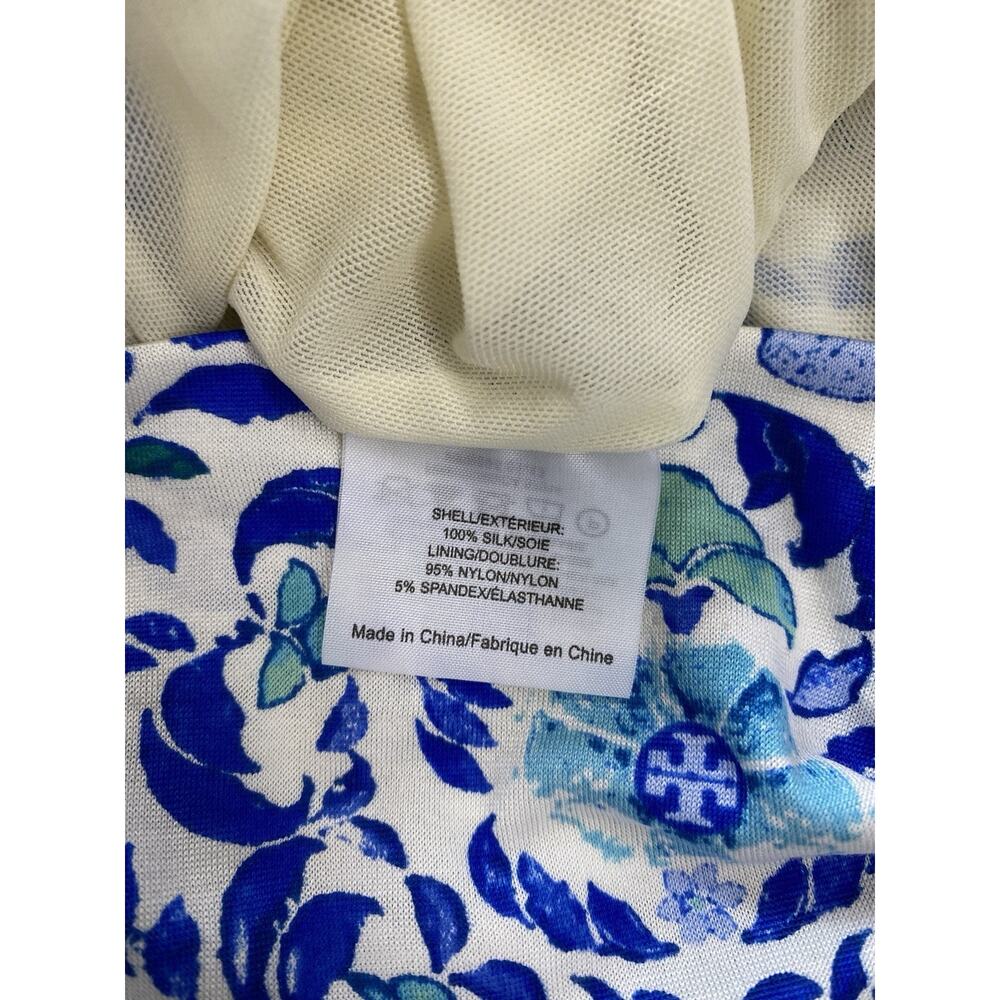 Tory Burch 100% Silk Blue White Floral Ruched Sheath Dress Women’s Large Resort - Picture 4 of 10